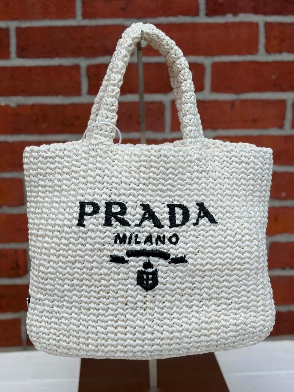 Prada Raffia NWT Crochet Small Tote Bag In White